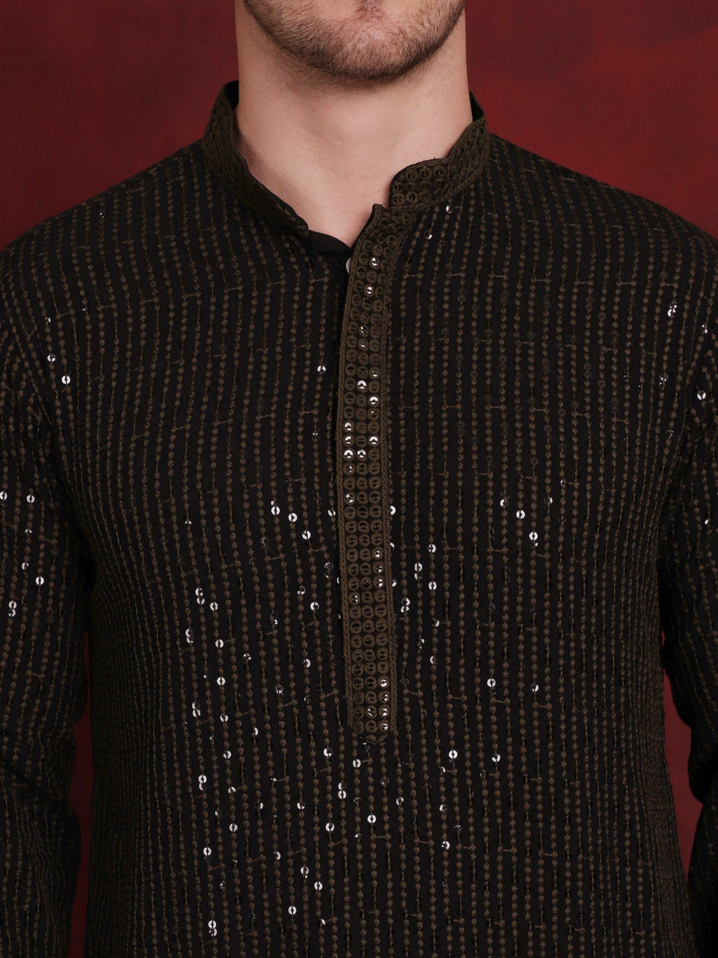 Jompers Men's Sequins Chikankari Embroidered Kurta with Pyjama - Olive