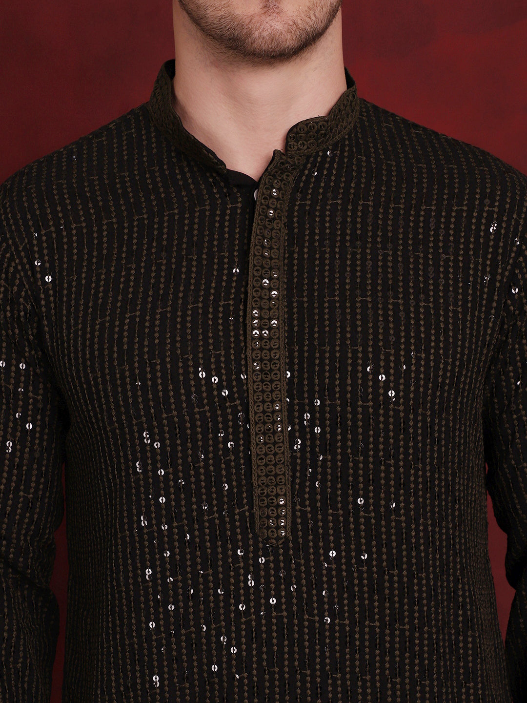 Jompers Men's Sequins Chikankari Embroidered Kurta with Pyjama - Olive