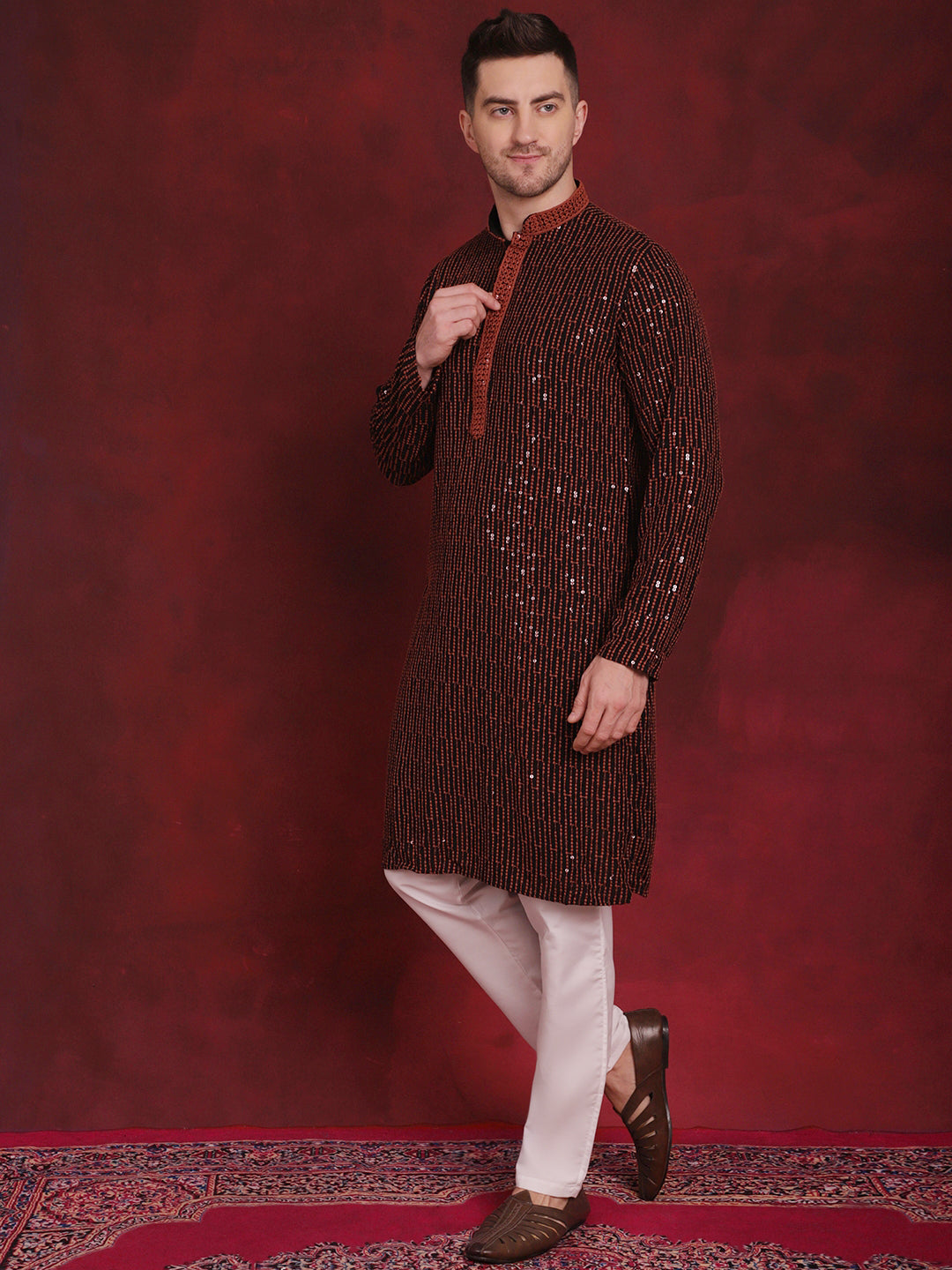 Jompers Men's Sequins Chikankari Embroidered Kurta with Pyjama - Orange