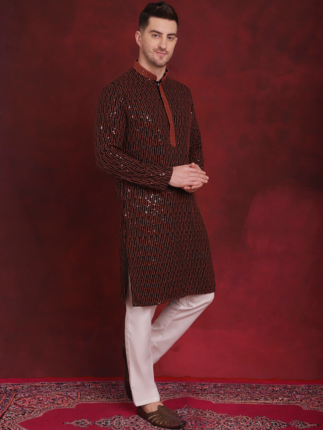 Jompers Men's Sequins Chikankari Embroidered Kurta with Pyjama - Orange