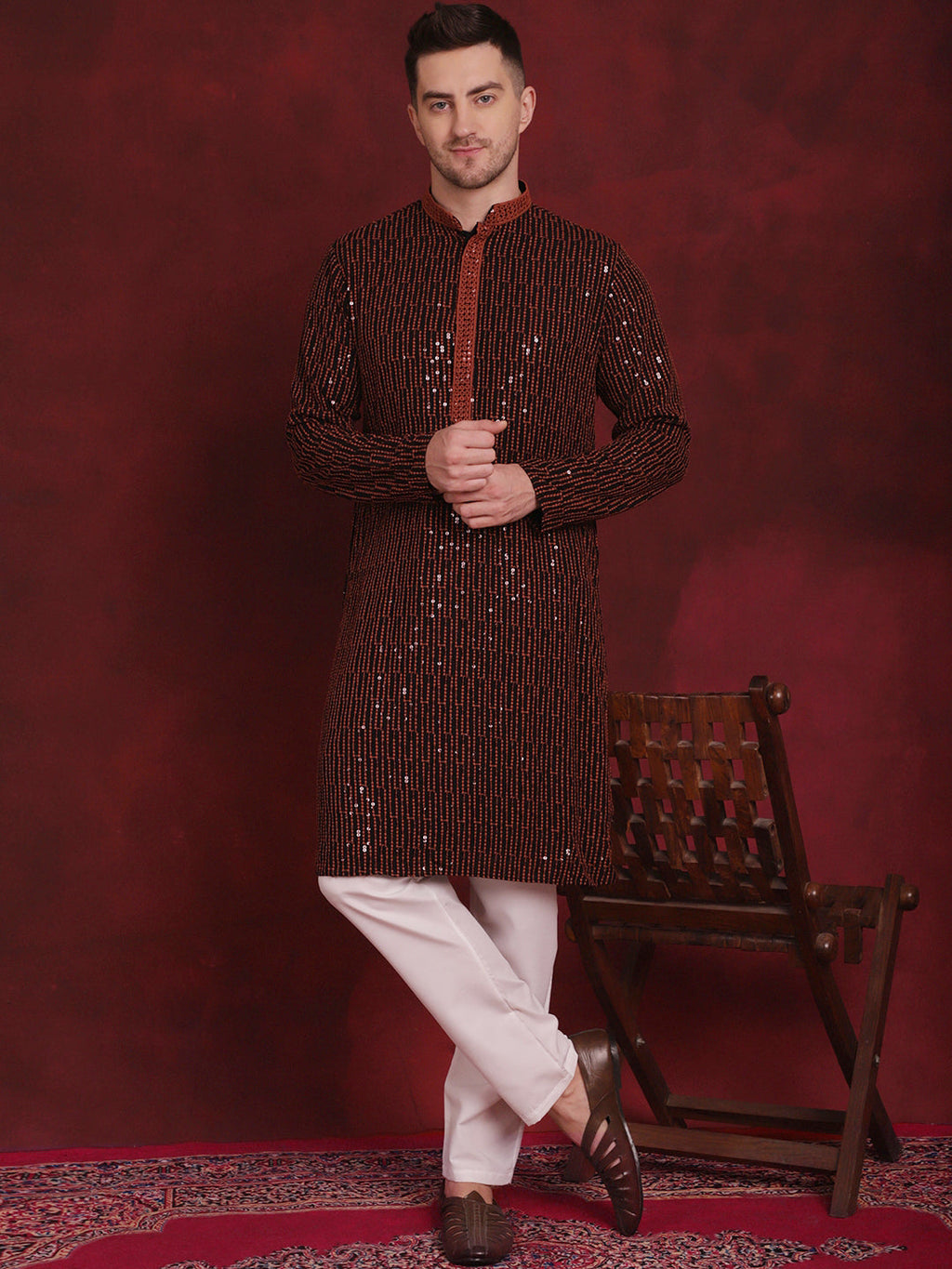 Jompers Men's Sequins Chikankari Embroidered Kurta with Pyjama - Orange