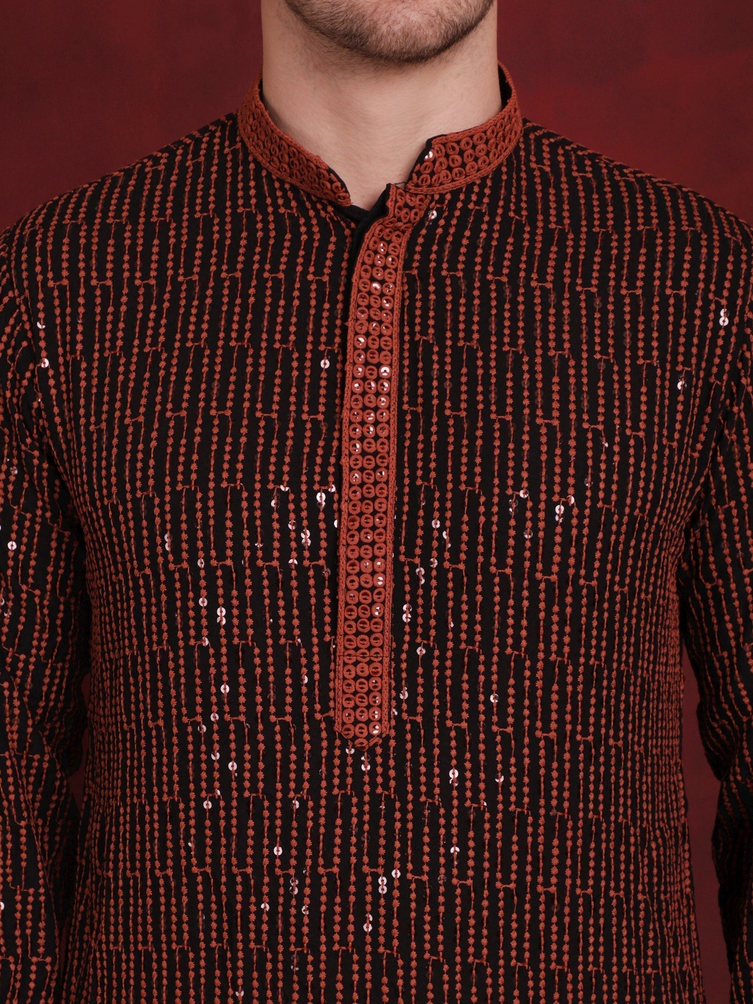 Jompers Men's Sequins Chikankari Embroidered Kurta with Pyjama - Orange