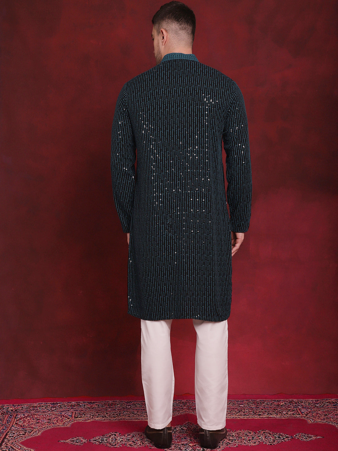 Jompers Men's Sequins Chikankari Embroidered Kurta with Pyjama - Peacock