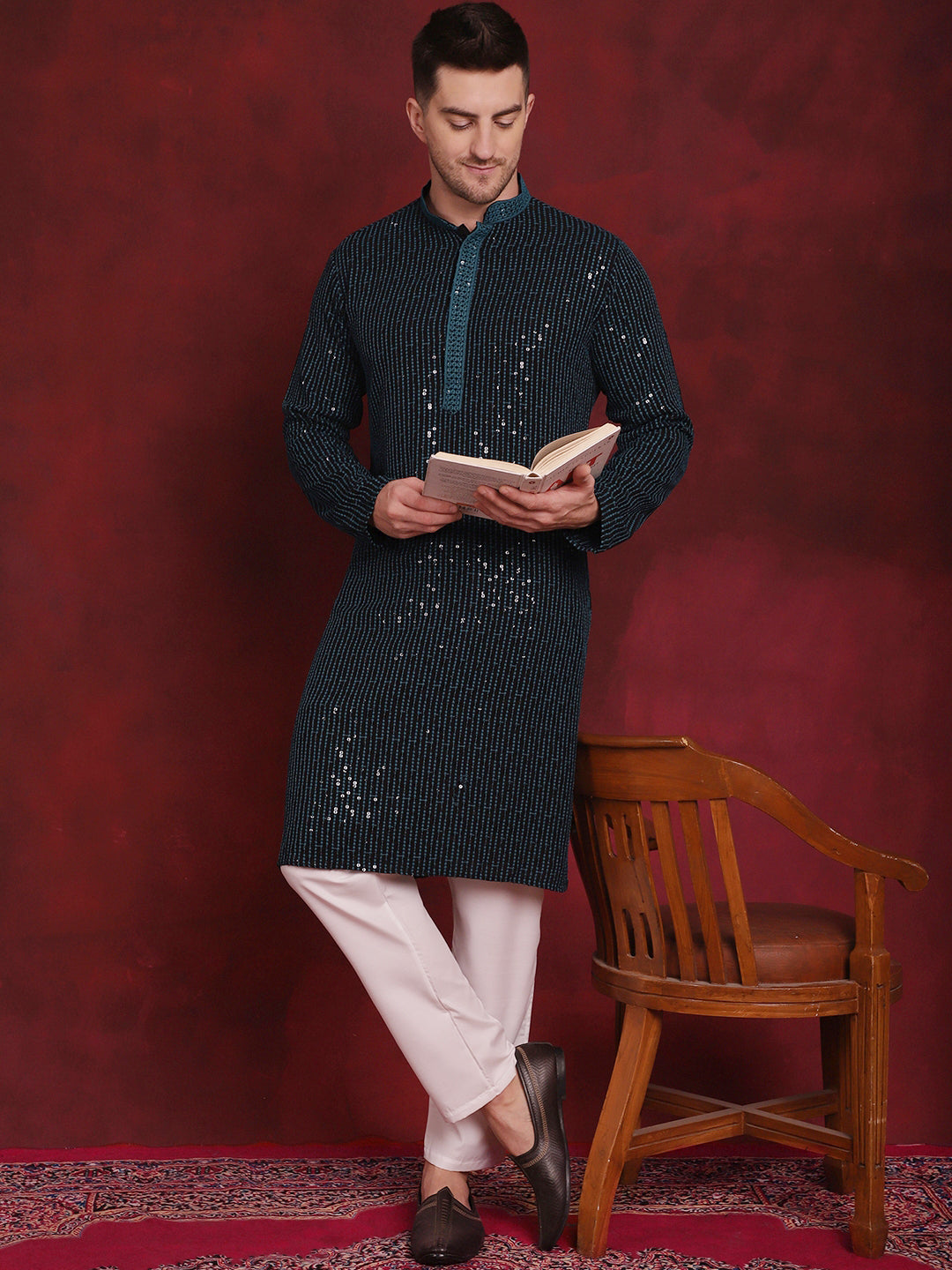 Jompers Men's Sequins Chikankari Embroidered Kurta with Pyjama - Peacock