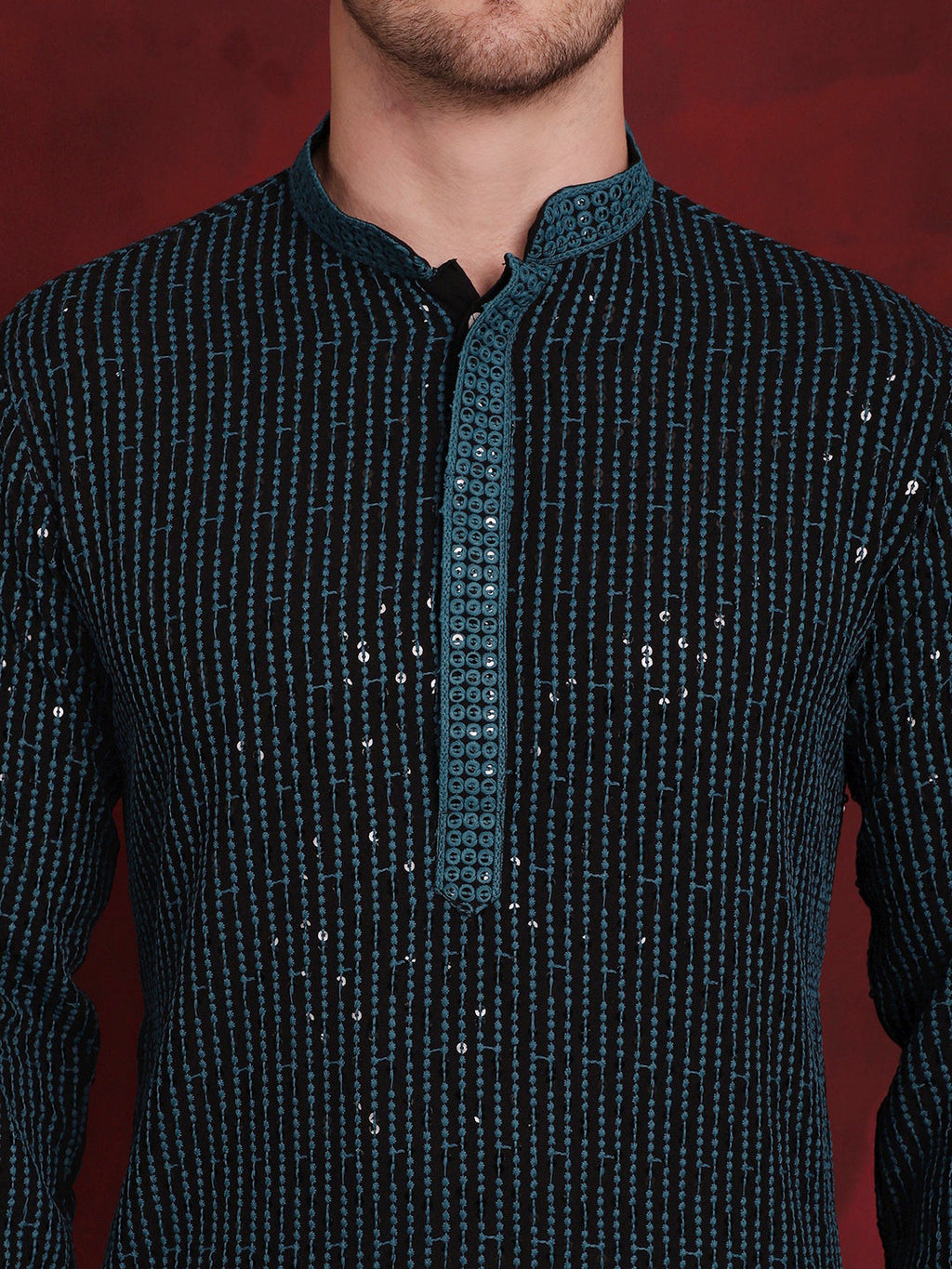 Jompers Men's Sequins Chikankari Embroidered Kurta with Pyjama - Peacock
