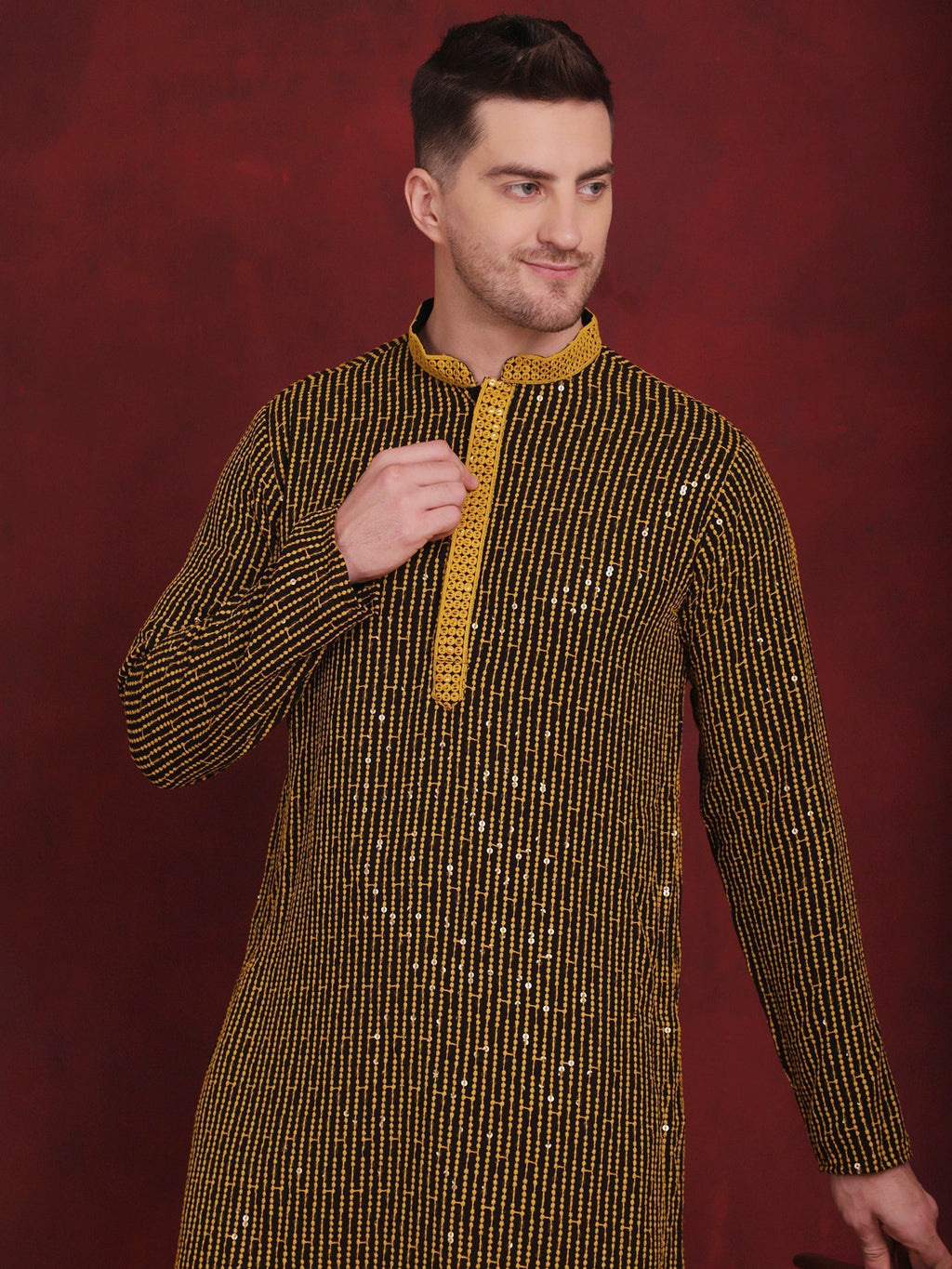 Jompers Men's Sequins Chikankari Embroidered Kurta with Pyjama - Yellow