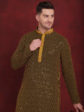 Jompers Men's Sequins Chikankari Embroidered Kurta with Pyjama - Yellow