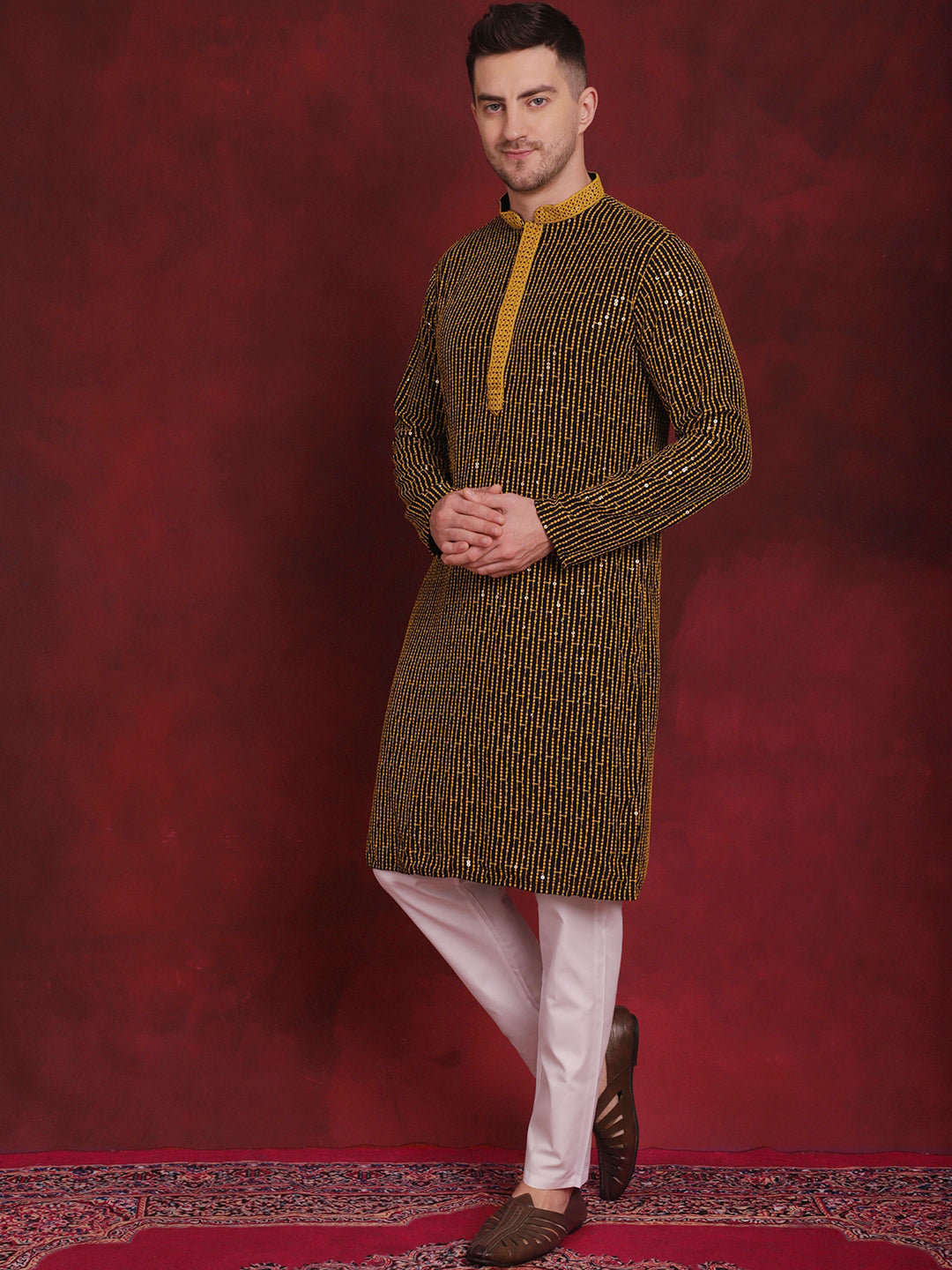 Jompers Men's Sequins Chikankari Embroidered Kurta with Pyjama - Yellow