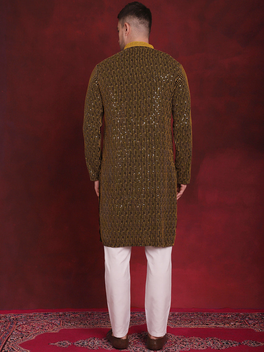 Jompers Men's Sequins Chikankari Embroidered Kurta with Pyjama - Yellow