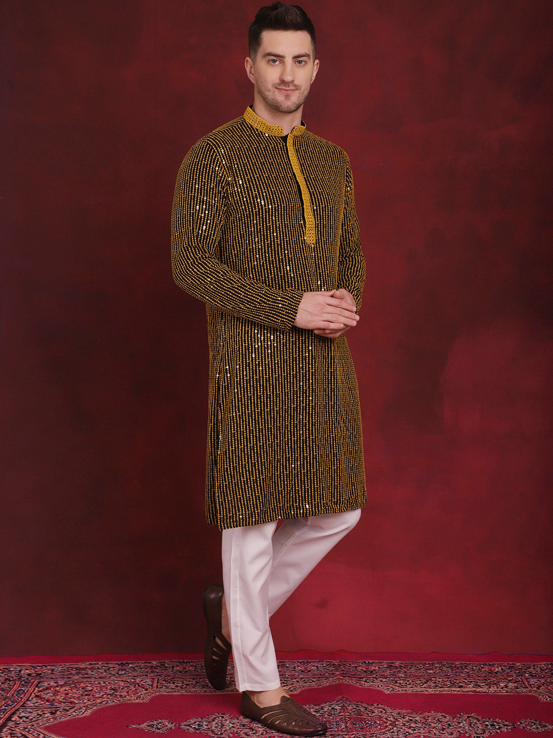 Jompers Men's Sequins Chikankari Embroidered Kurta with Pyjama - Yellow
