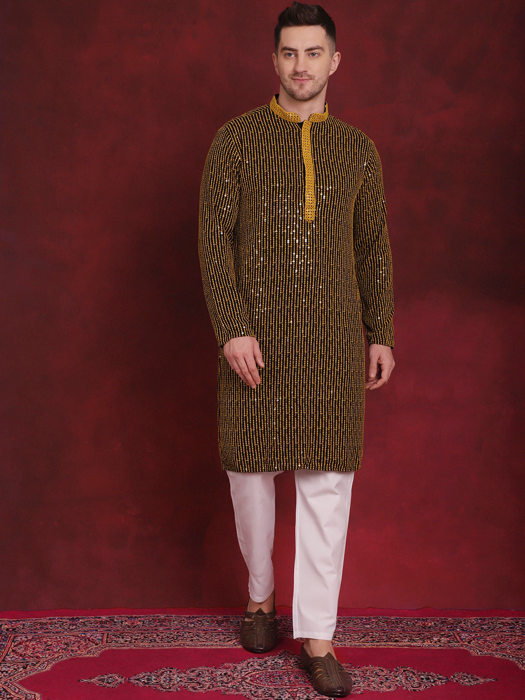 Jompers Men's Sequins Chikankari Embroidered Kurta with Pyjama - Yellow