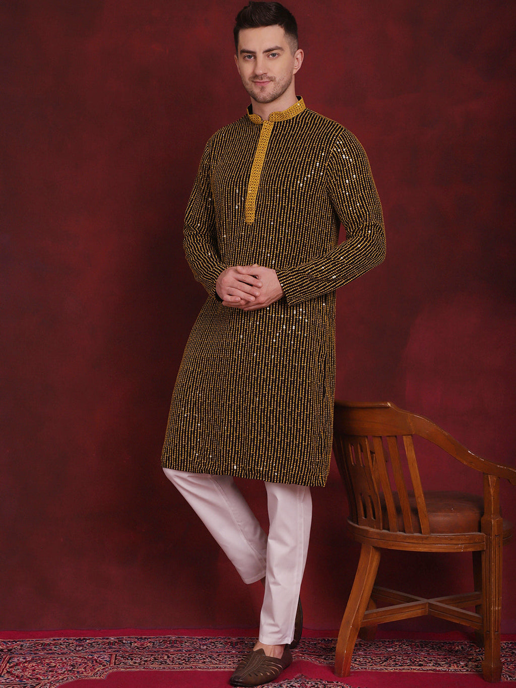 Jompers Men's Sequins Chikankari Embroidered Kurta with Pyjama - Yellow