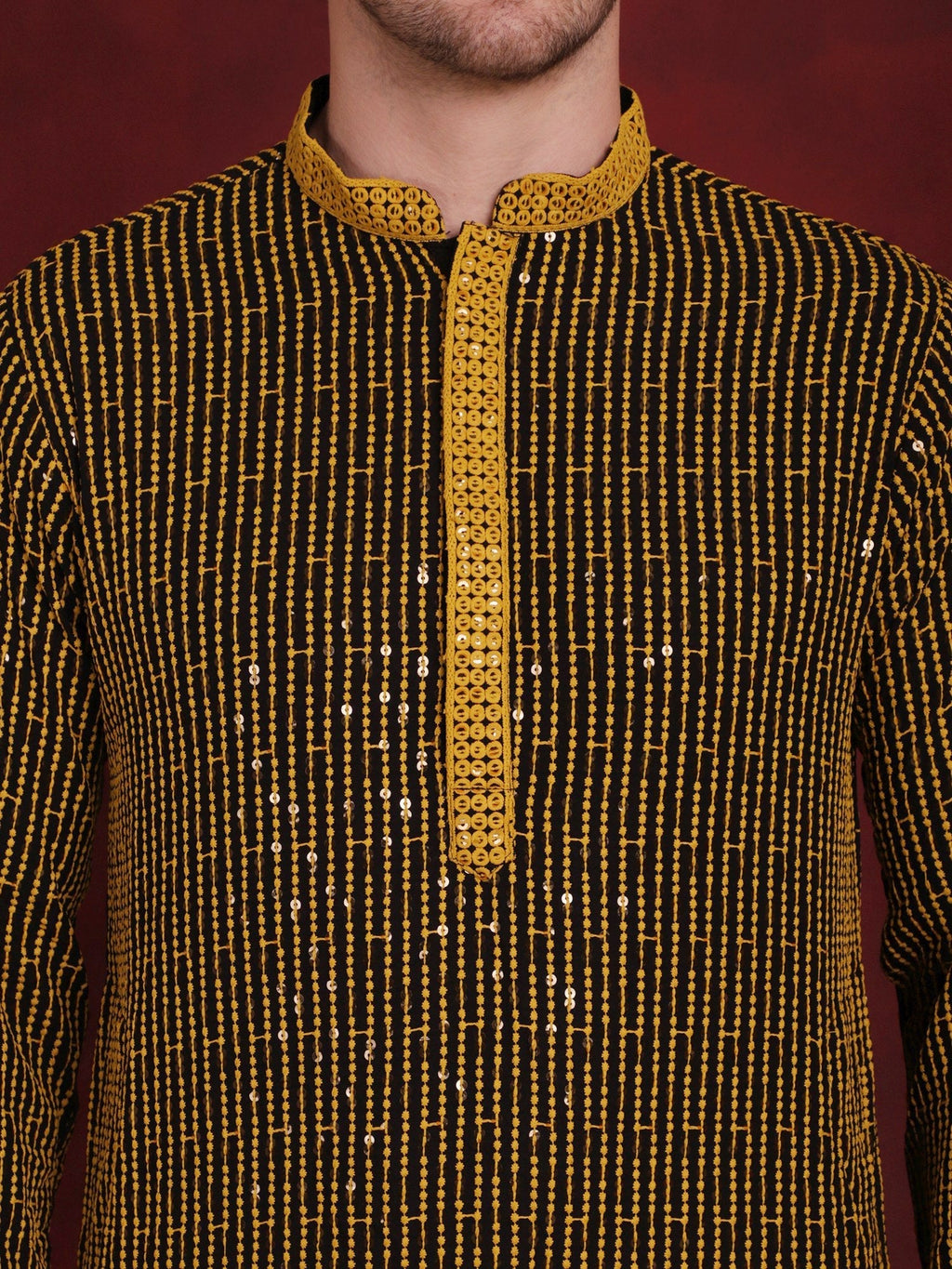 Jompers Men's Sequins Chikankari Embroidered Kurta with Pyjama - Yellow