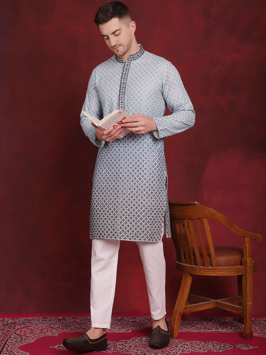 Jompers Men's Sequins Embroidered Kurta with Pyjama - Blue