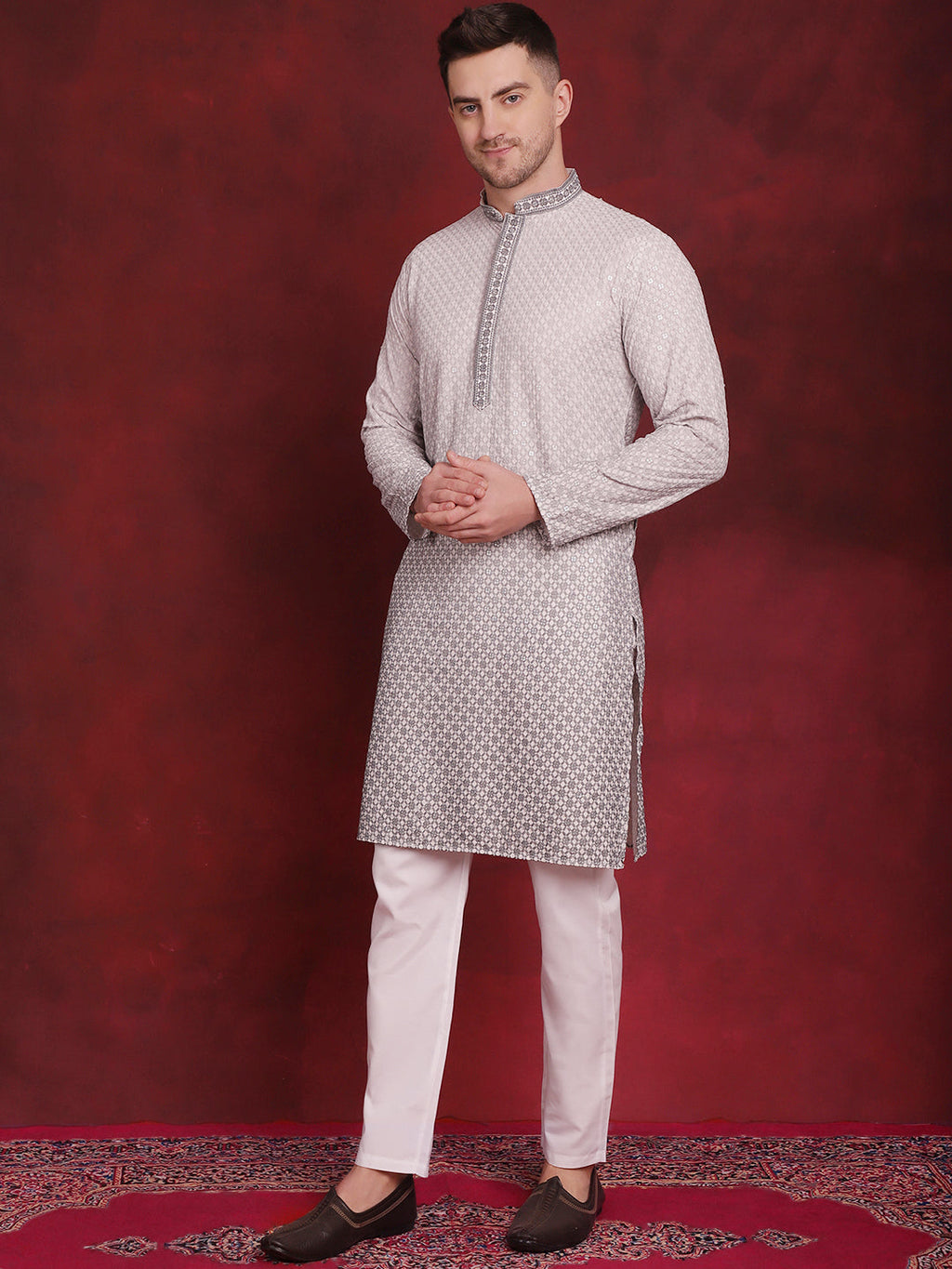 Jompers Men's Sequins Embroidered Kurta with Pyjama - Grey