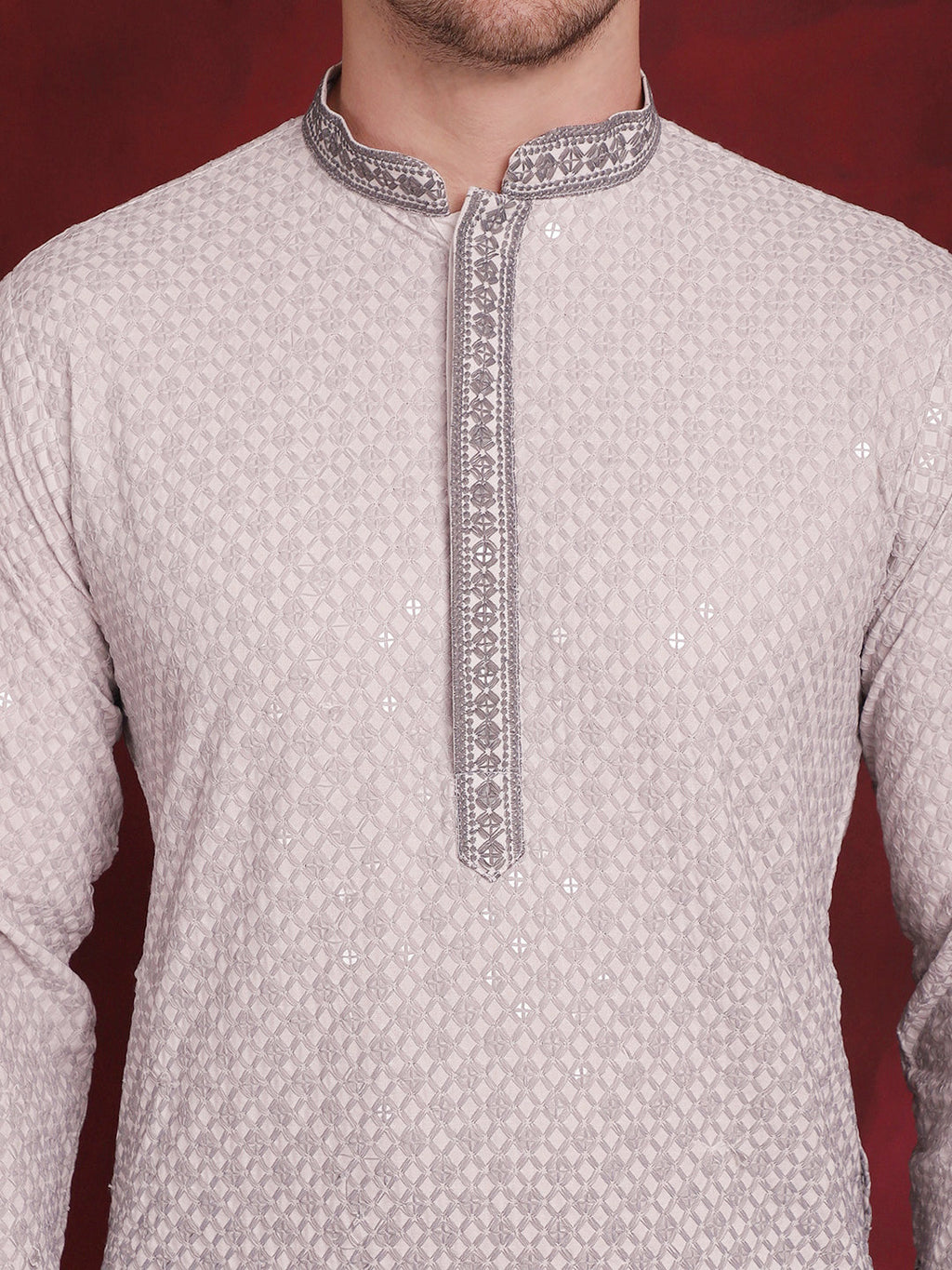 Jompers Men's Sequins Embroidered Kurta with Pyjama - Grey