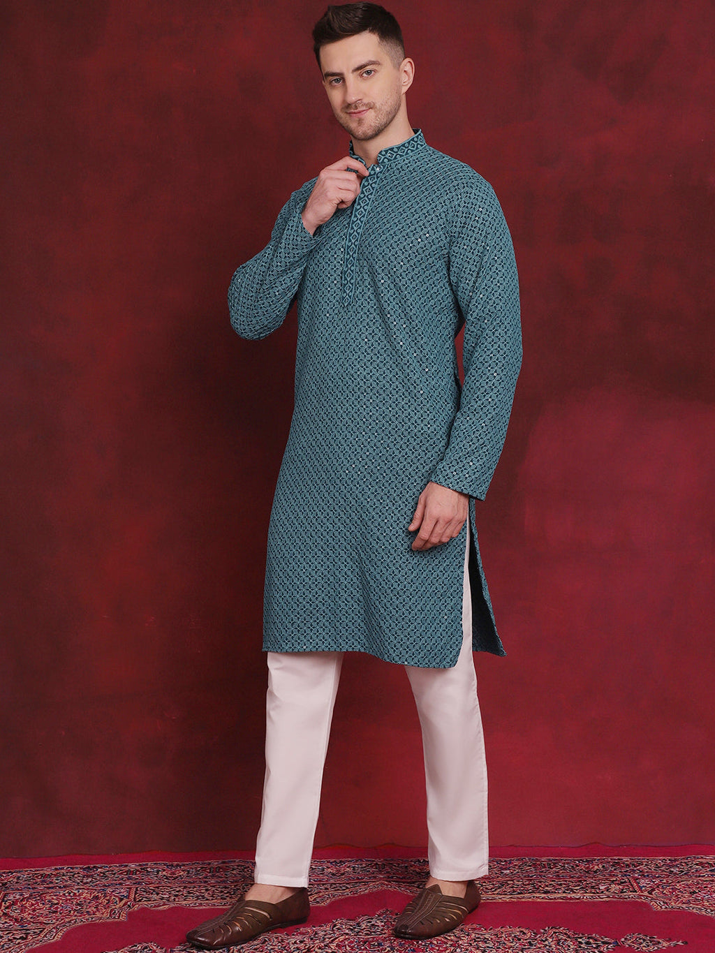 Jompers Men's Sequin Embroidered Pure Cotton Kurta with Pyjamas - Blue