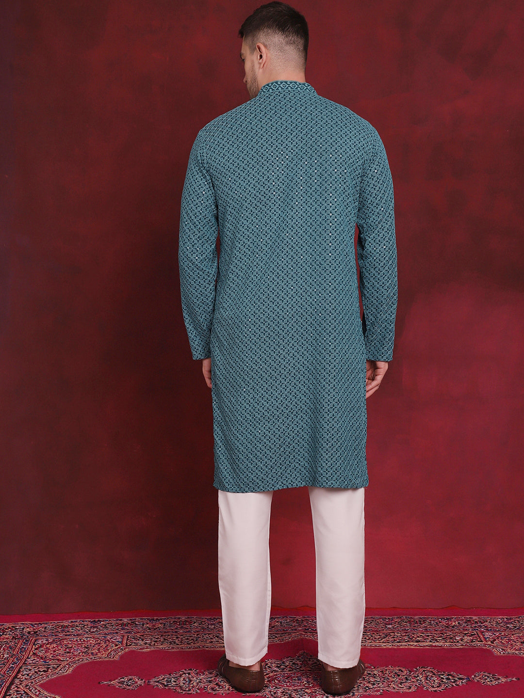 Jompers Men's Sequin Embroidered Pure Cotton Kurta with Pyjamas - Blue
