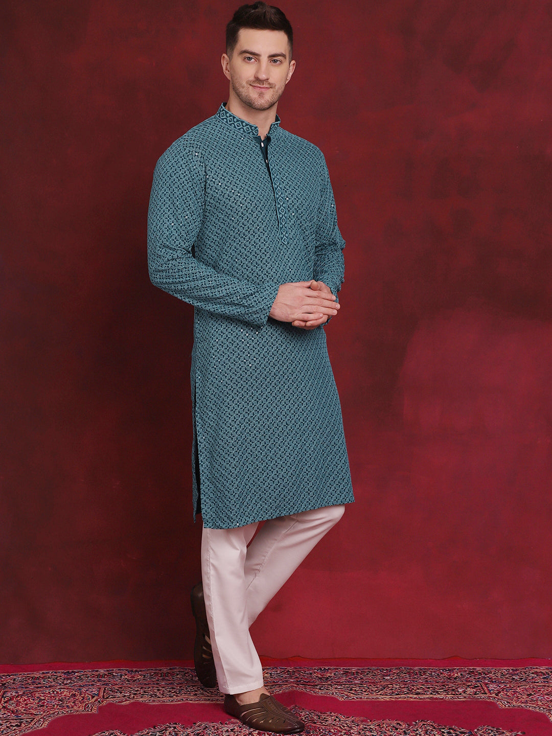 Jompers Men's Sequin Embroidered Pure Cotton Kurta with Pyjamas - Blue