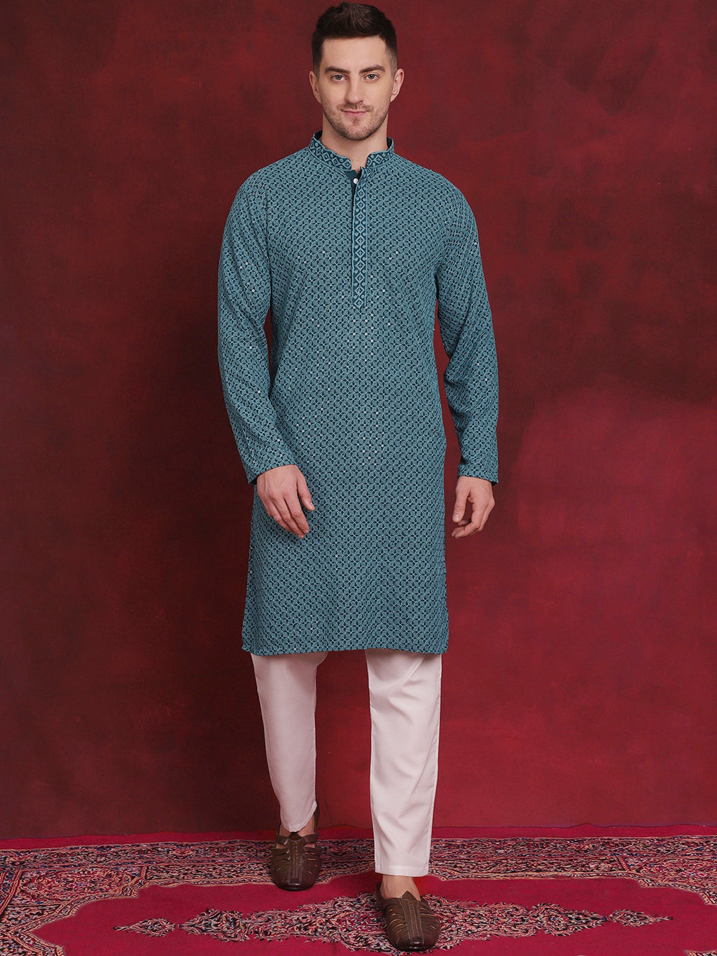 Jompers Men's Sequin Embroidered Pure Cotton Kurta with Pyjamas - Blue