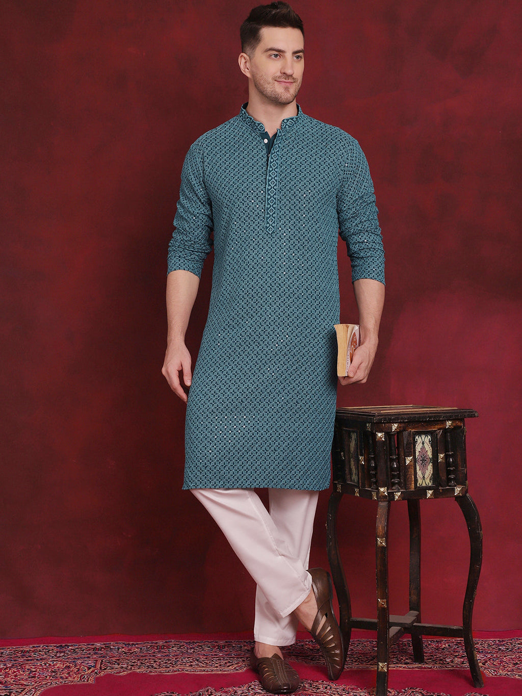 Jompers Men's Sequin Embroidered Pure Cotton Kurta with Pyjamas - Blue