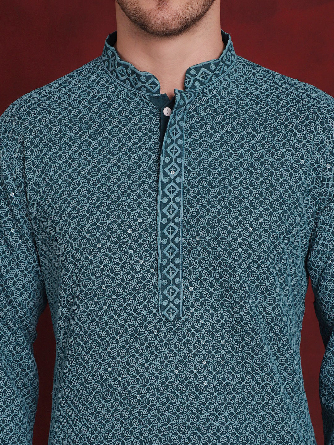 Jompers Men's Sequin Embroidered Pure Cotton Kurta with Pyjamas - Blue
