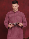 Jompers Men's Sequin Embroidered Pure Cotton Kurta with Pyjamas - Magenta