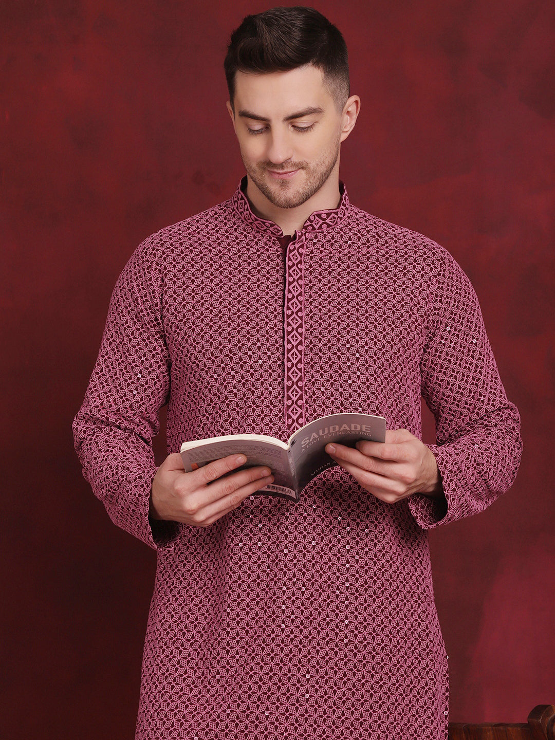 Jompers Men's Sequin Embroidered Pure Cotton Kurta with Pyjamas - Magenta