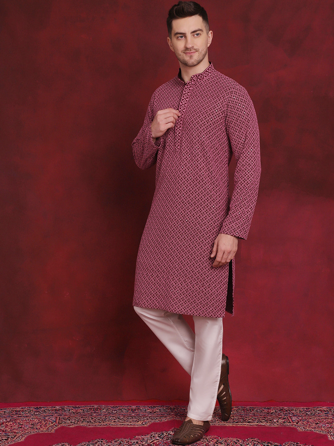 Jompers Men's Sequin Embroidered Pure Cotton Kurta with Pyjamas - Magenta