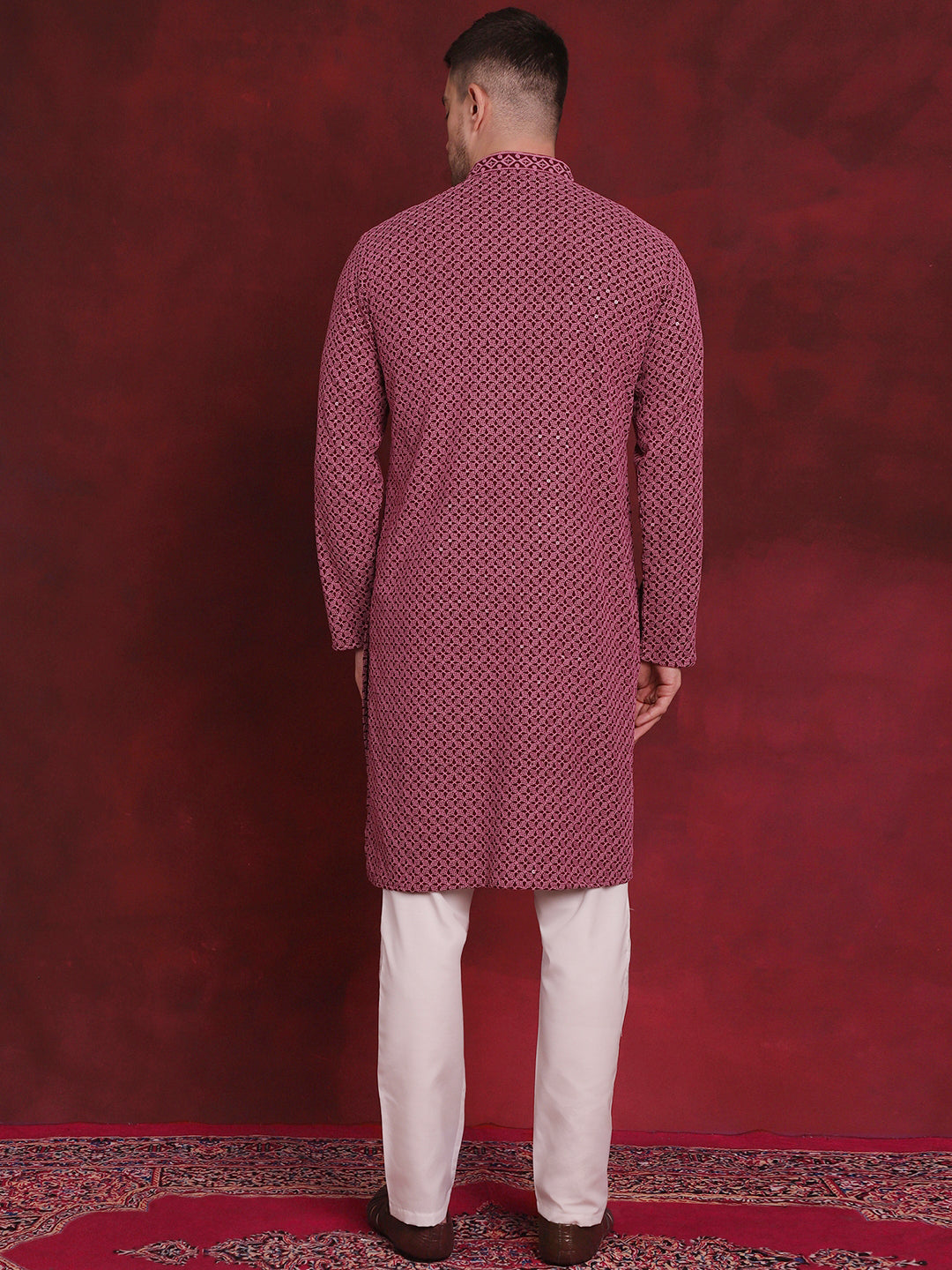 Jompers Men's Sequin Embroidered Pure Cotton Kurta with Pyjamas - Magenta