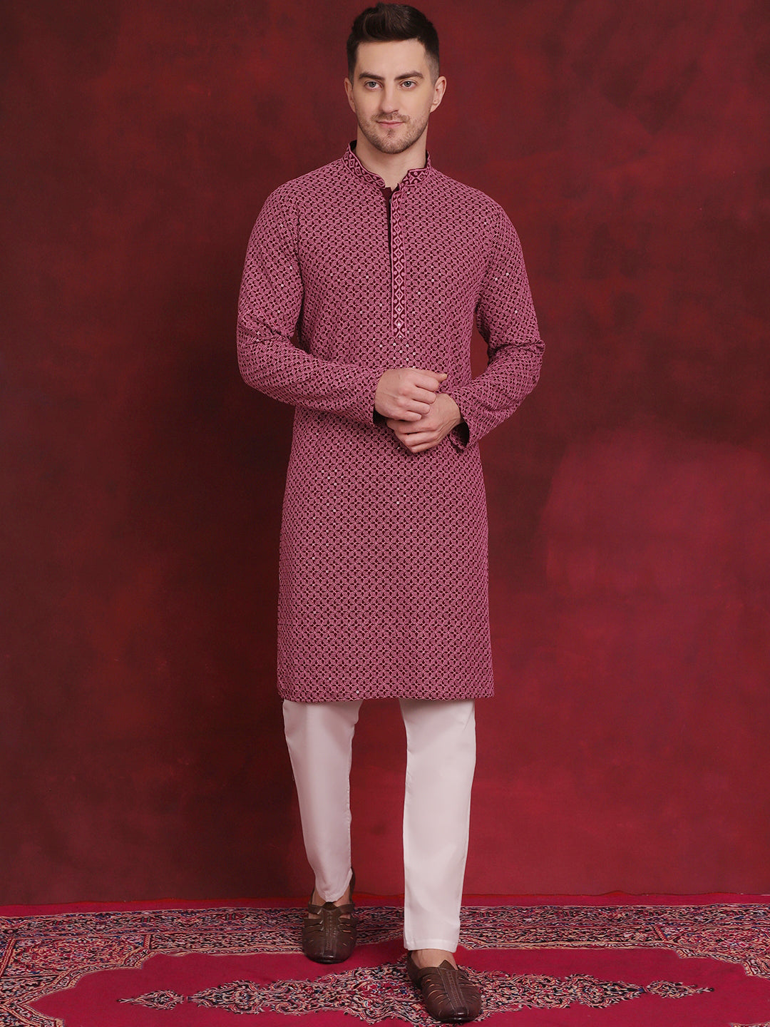 Jompers Men's Sequin Embroidered Pure Cotton Kurta with Pyjamas - Magenta