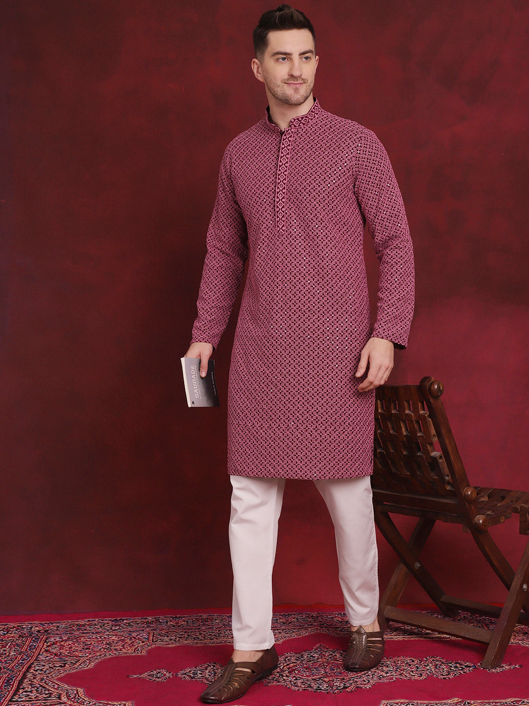 Jompers Men's Sequin Embroidered Pure Cotton Kurta with Pyjamas - Magenta