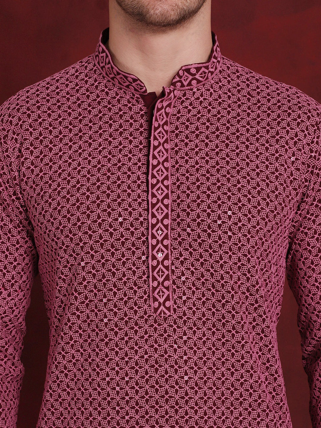 Jompers Men's Sequin Embroidered Pure Cotton Kurta with Pyjamas - Magenta
