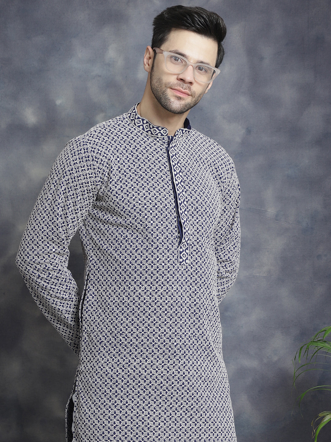 Jompers Men's Sequin Embroidered Pure Cotton Kurta with Pyjamas - Navy Blue