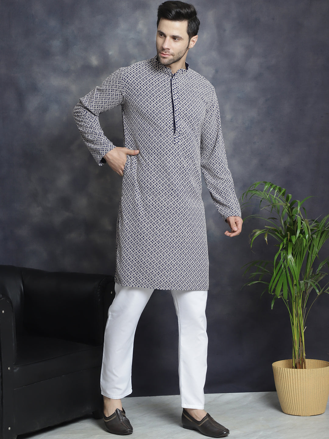 Jompers Men's Sequin Embroidered Pure Cotton Kurta with Pyjamas - Navy Blue