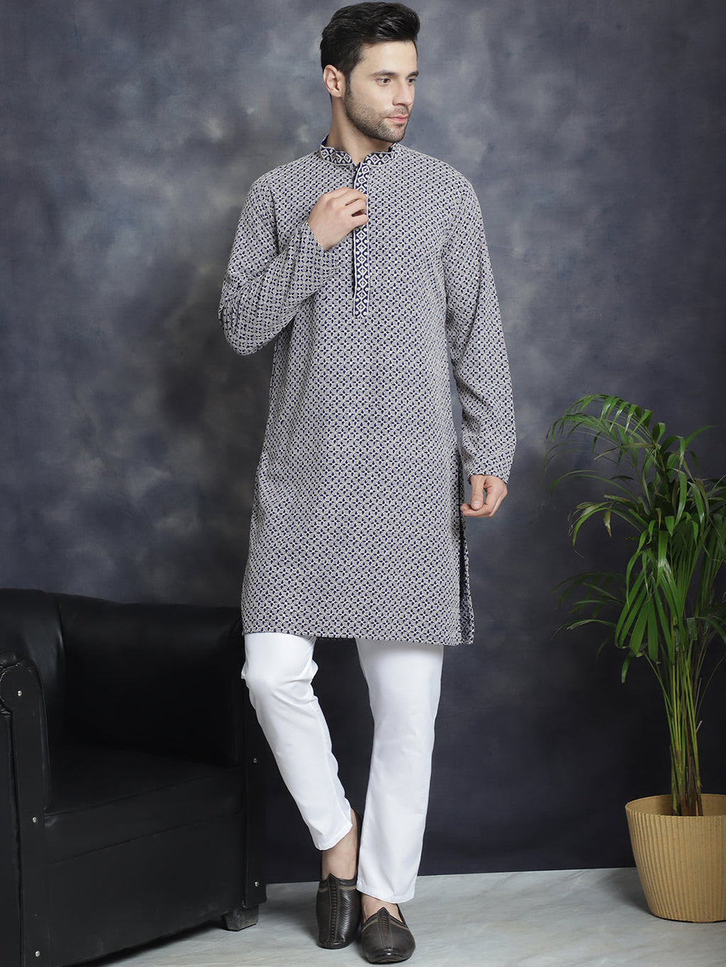 Jompers Men's Sequin Embroidered Pure Cotton Kurta with Pyjamas - Navy Blue