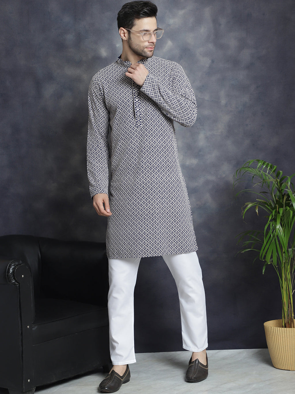 Jompers Men's Sequin Embroidered Pure Cotton Kurta with Pyjamas - Navy Blue