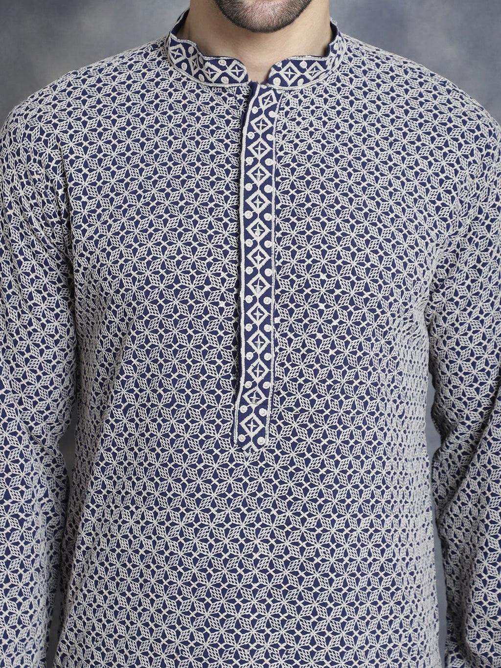 Jompers Men's Sequin Embroidered Pure Cotton Kurta with Pyjamas - Navy Blue
