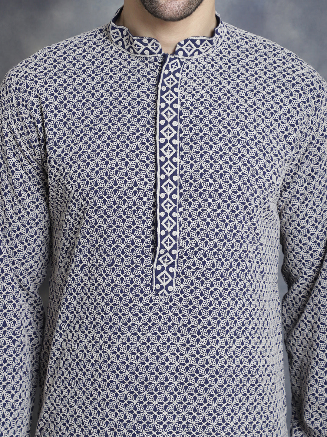 Jompers Men's Sequin Embroidered Pure Cotton Kurta with Pyjamas - Navy Blue