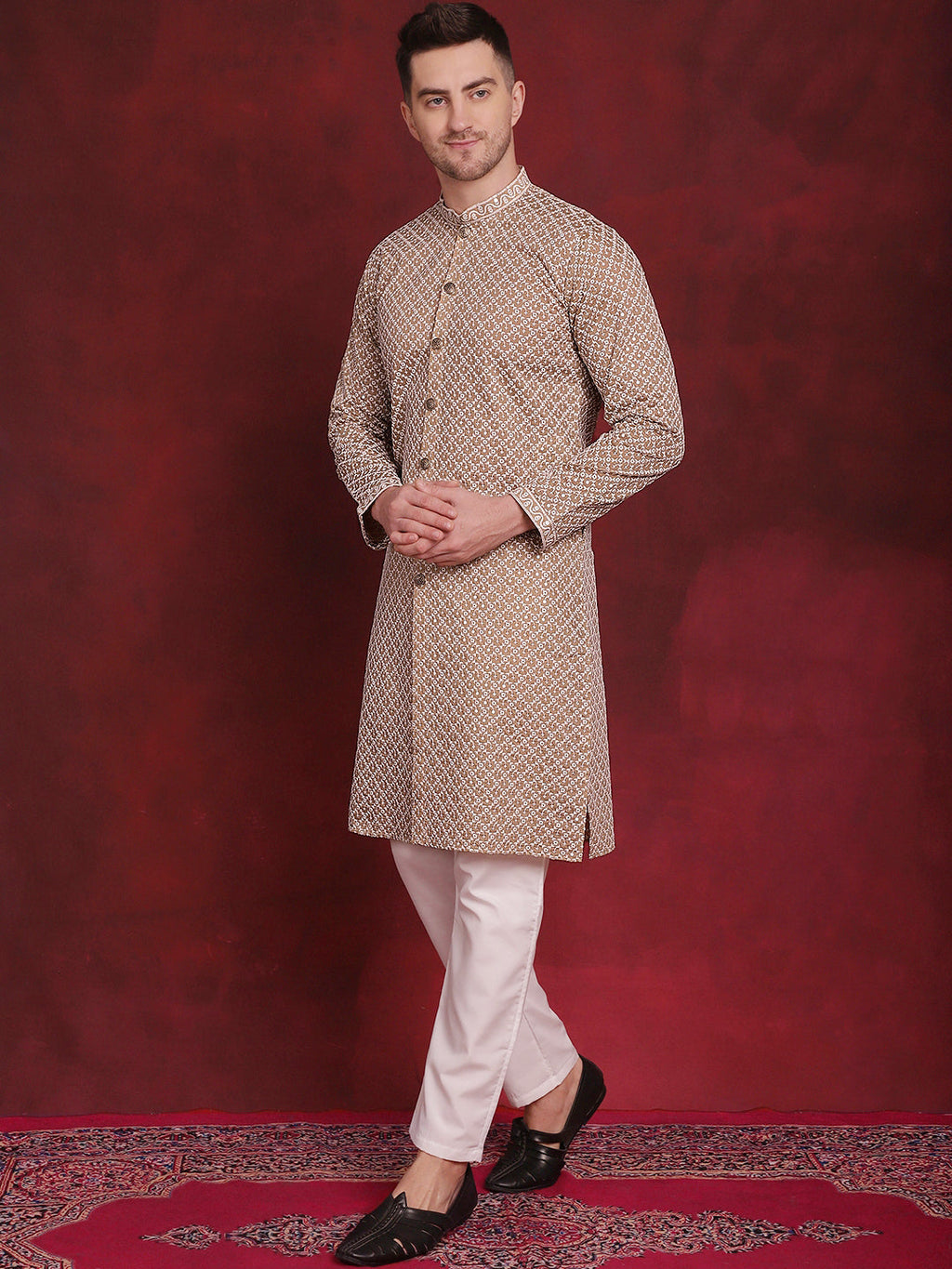 Jompers Men's Sequin Chikankari Front Open Kurta With Pyjamas - Beige