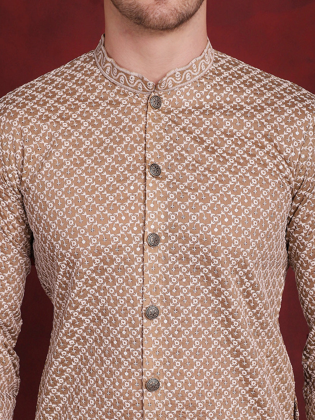 Jompers Men's Sequin Chikankari Front Open Kurta With Pyjamas - Beige