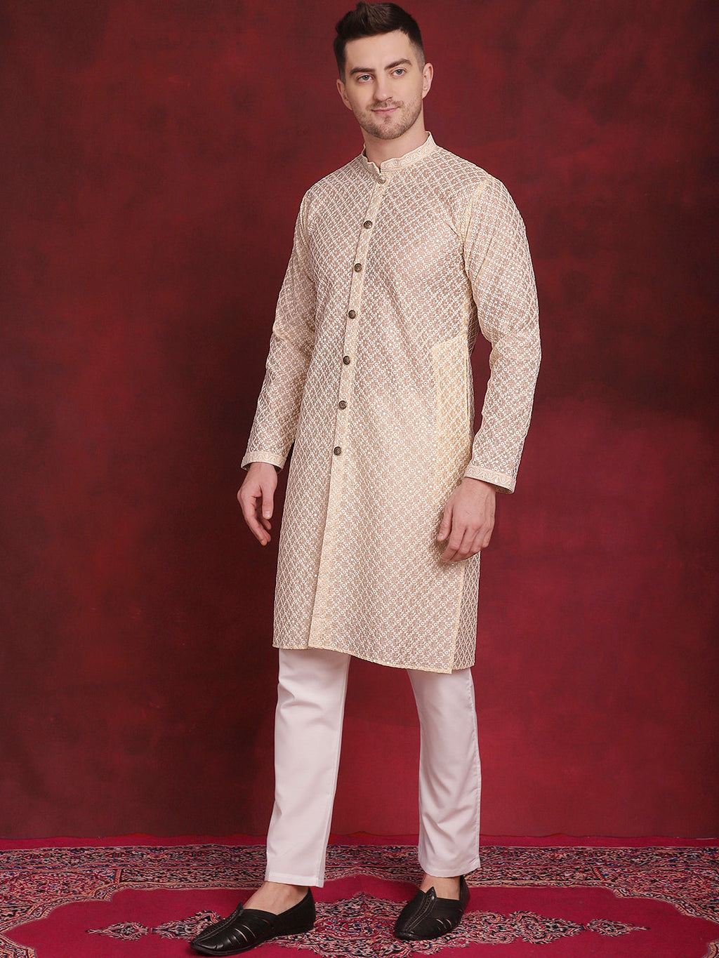 Jompers Men's Sequin Chikankari Front Open Kurta With Pyjamas - Golden