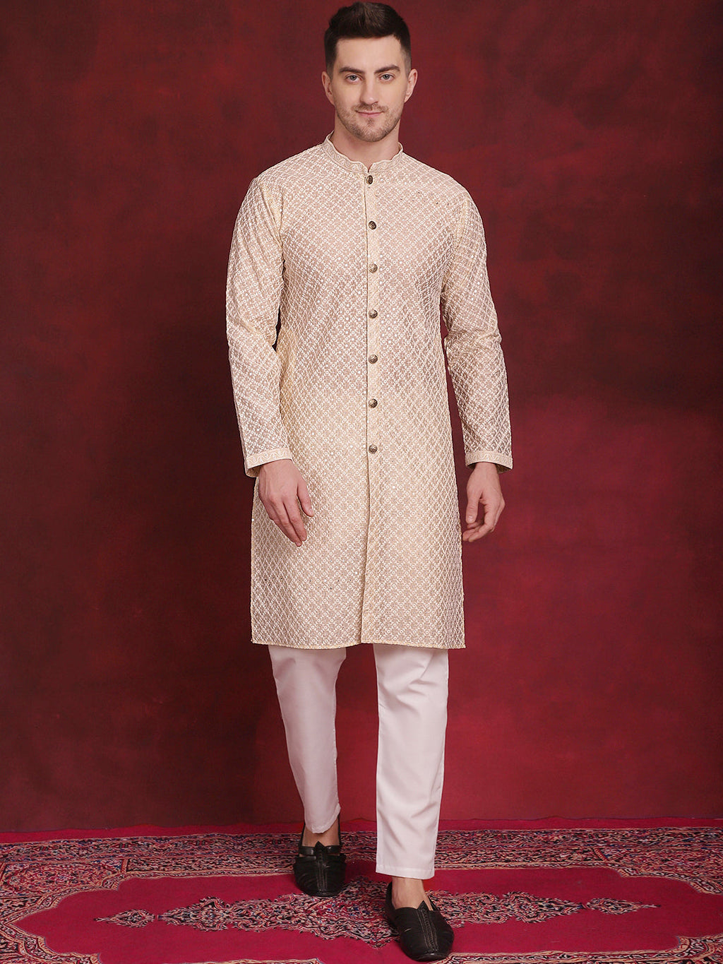 Jompers Men's Sequin Chikankari Front Open Kurta With Pyjamas - Golden