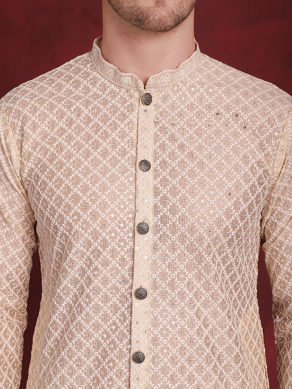 Jompers Men's Sequin Chikankari Front Open Kurta With Pyjamas - Golden