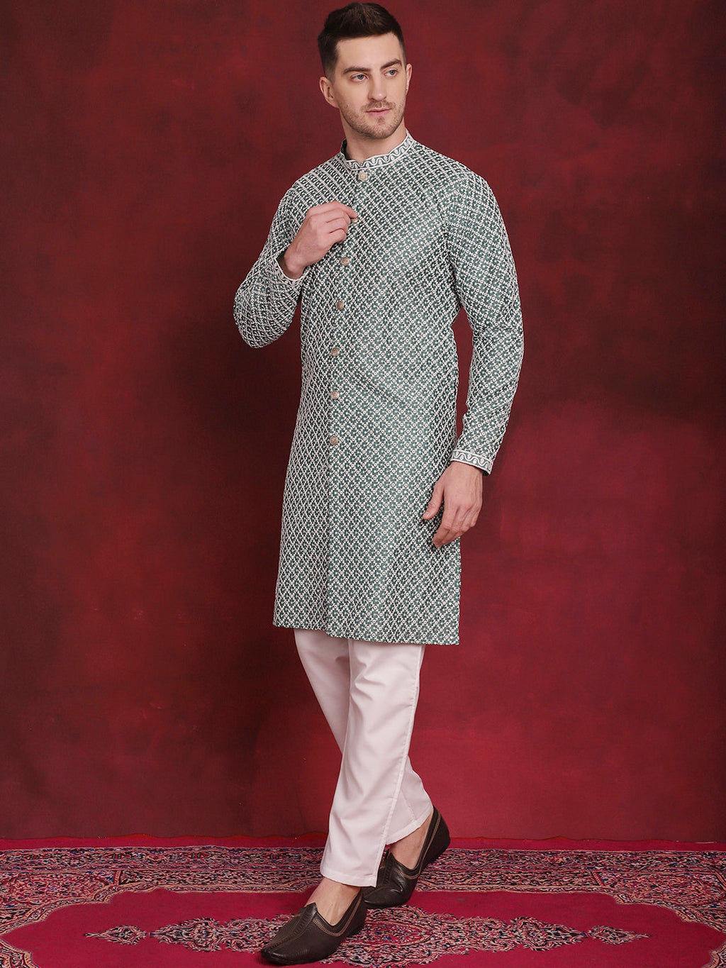 Jompers Men's Sequin Chikankari Front Open Kurta With Pyjamas - Green