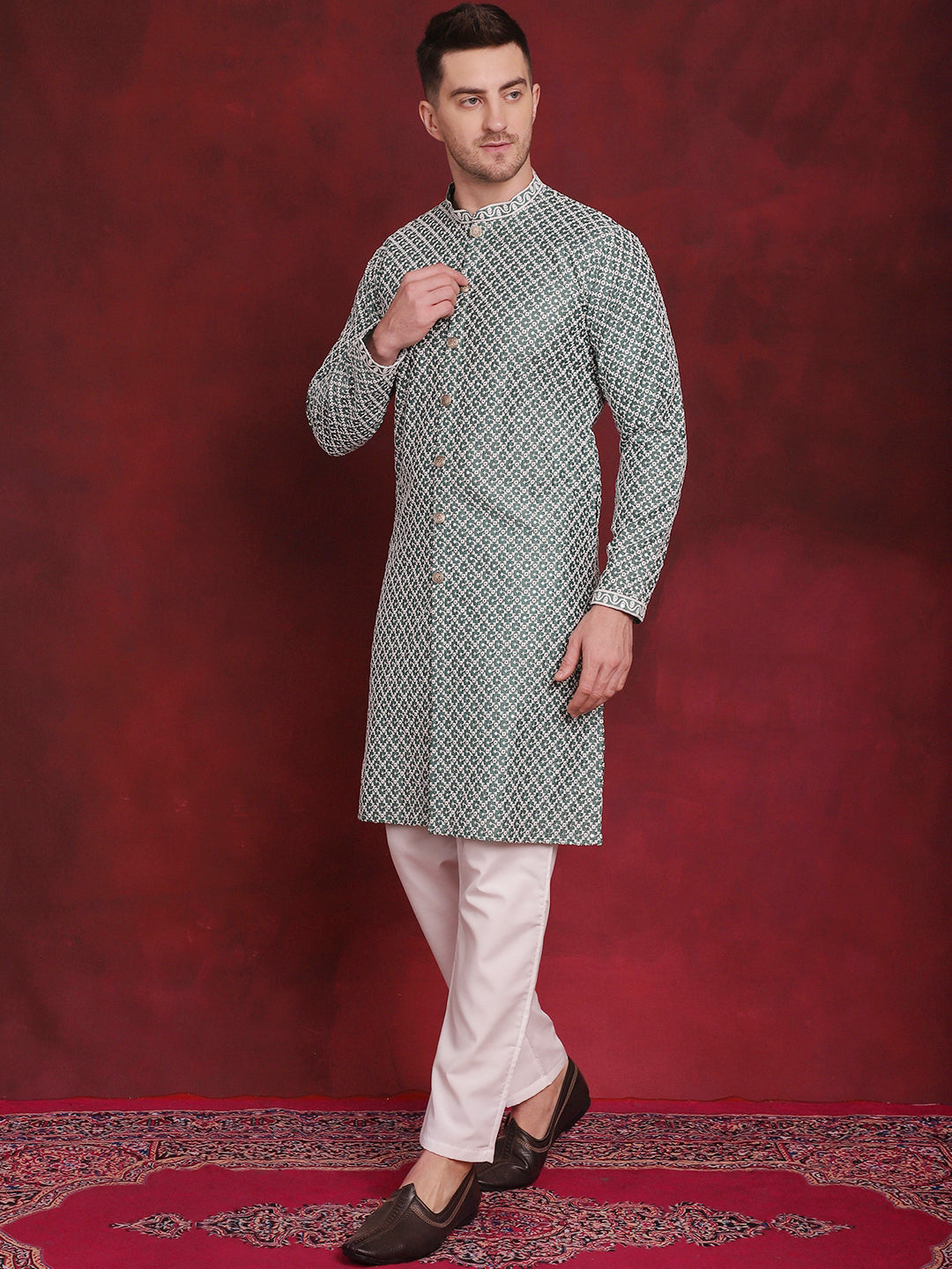 Jompers Men's Sequin Chikankari Front Open Kurta With Pyjamas - Green