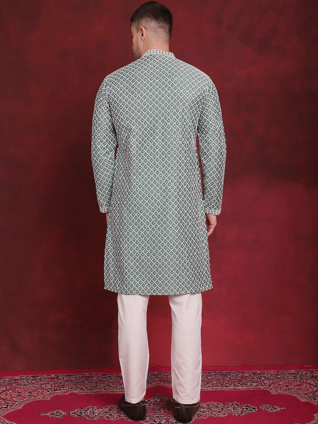Jompers Men's Sequin Chikankari Front Open Kurta With Pyjamas - Green