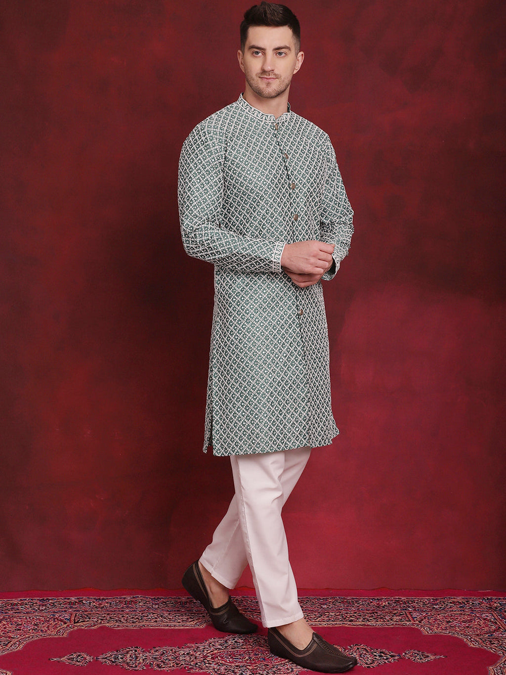 Jompers Men's Sequin Chikankari Front Open Kurta With Pyjamas - Green