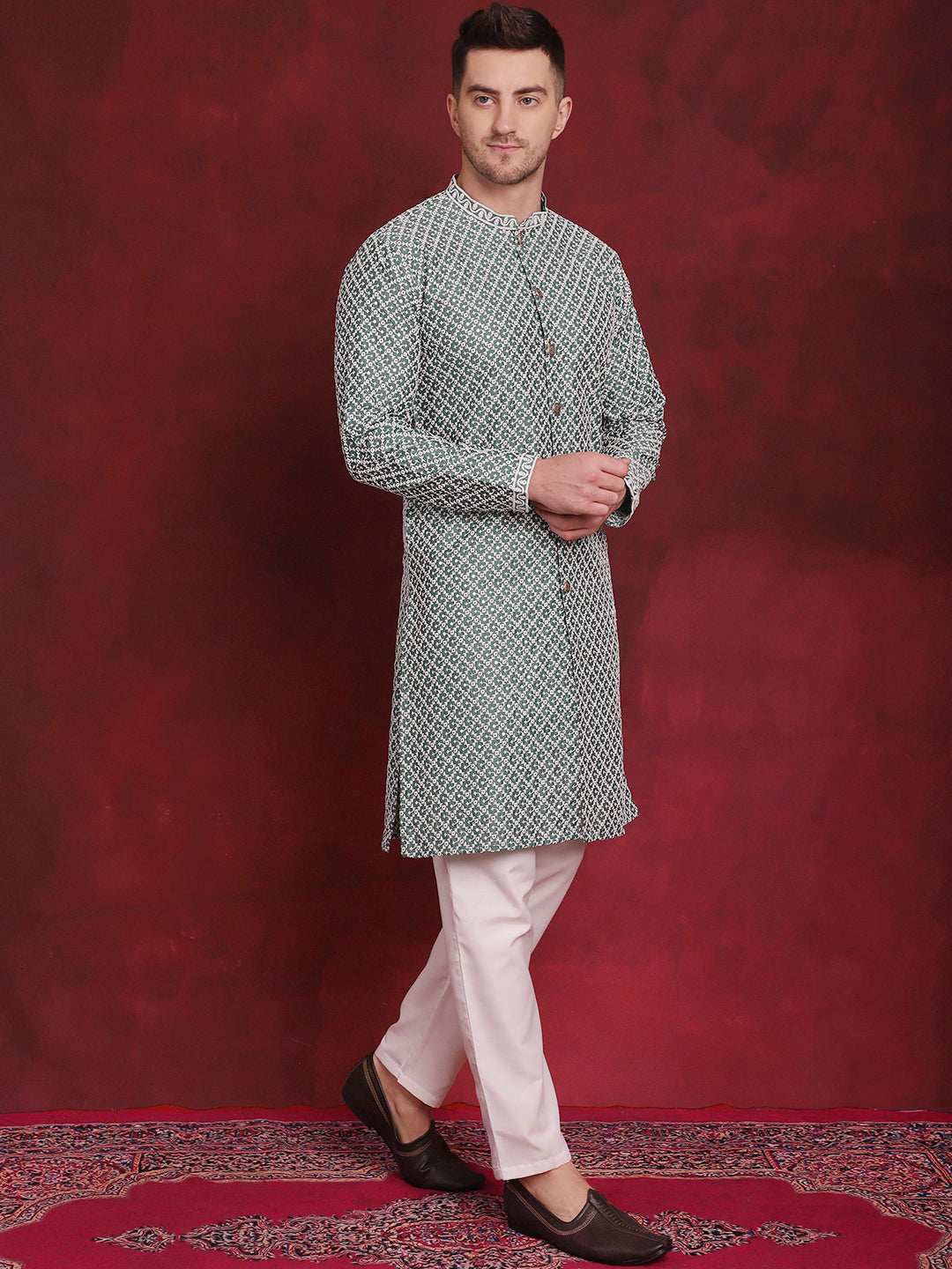 Jompers Men's Sequin Chikankari Front Open Kurta With Pyjamas - Green