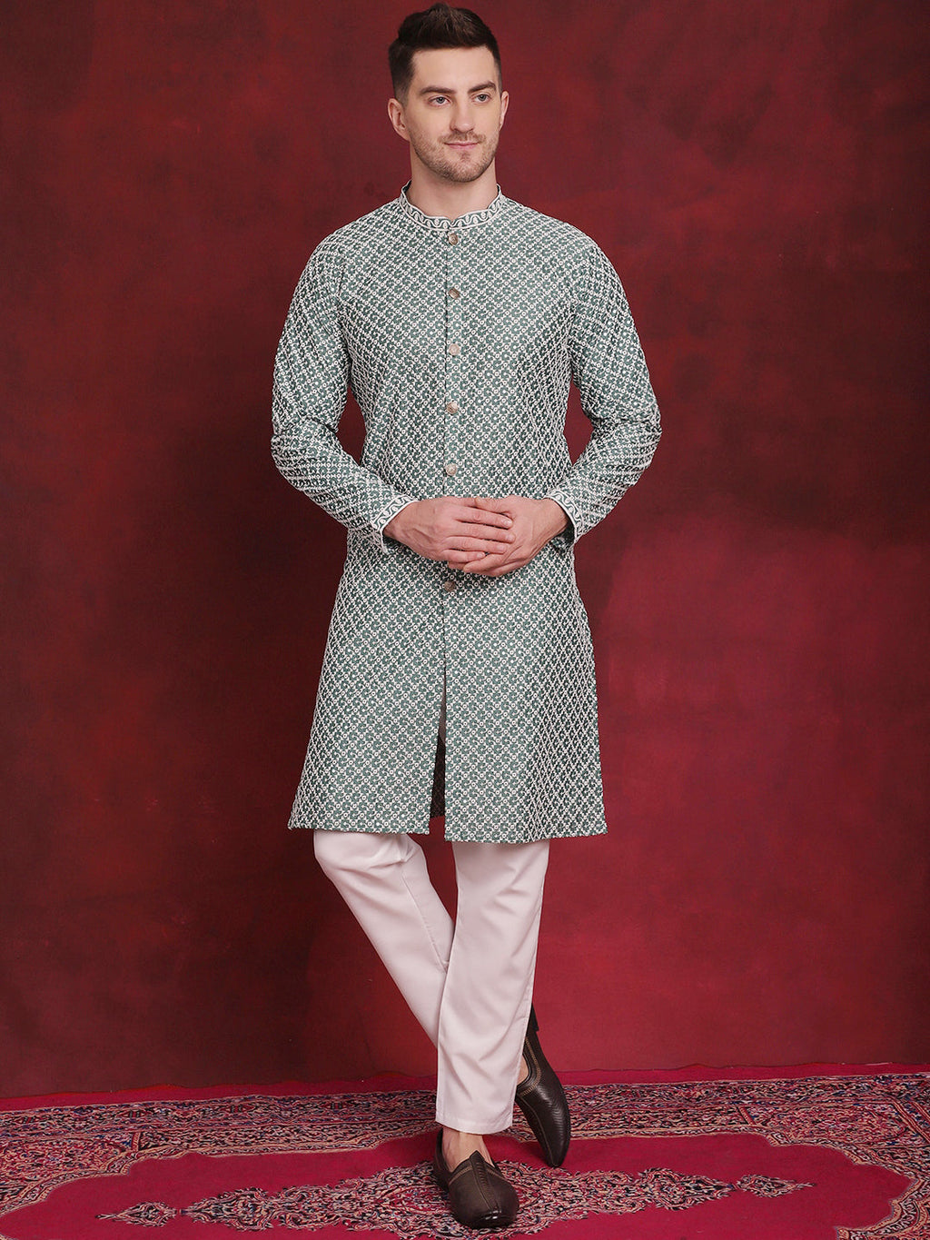 Jompers Men's Sequin Chikankari Front Open Kurta With Pyjamas - Green